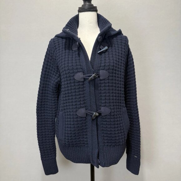 Tommy Hilfiger Waffle Chunky Knit Wool Bld Cardigan Womens L Sweater Collar Hood - Picture 1 of 11